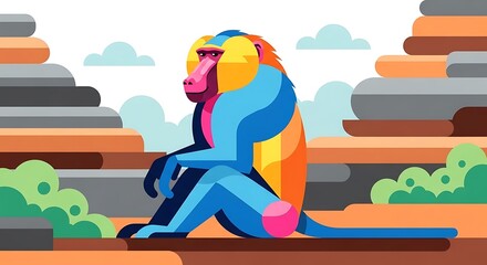 Colorful Baboon in Rocky Landscape.
