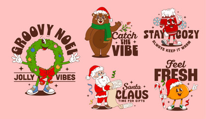 Retro groovy Christmas characters stickers and winter Xmas t shirt prints, vector Merry holidays. Cartoon groovy Santa, Christmas tree wreath and glove, bear and orange characters Xmas stickers set