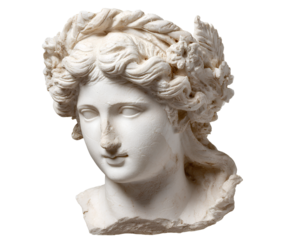 white antique greek statue head, greek goddess, transparent background, png element, png file.