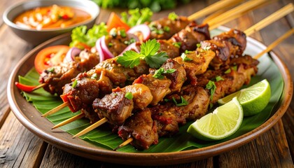 Fototapeta premium Delicious grilled meat satay skewers served on a banana leaf with spicy peanut sauce and fresh lime wedges