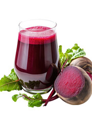 Fresh beetroot juice with foamy top in elegant glass on transparent background