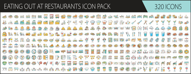 Hand-Drawn Eating Out at Restaurants Icon Pack - Set of 320 hand-drawn restaurant and dining icons featuring food, drinks, menus, waiters, utensils, table settings, takeout, fast food, fine dining