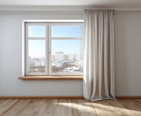 Empty room with a window, light beige curtains, and a city view, showcasing a bright and spacious interior design.