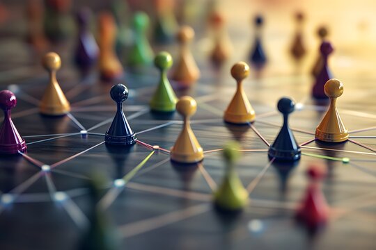 Abstract human network concept with glowing connections and people icons on a dark background, 