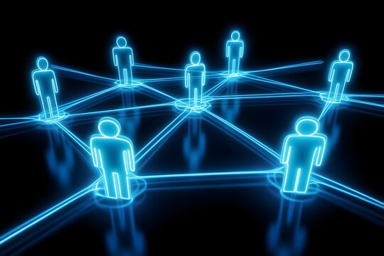 Abstract human network concept with glowing connections and people icons on a dark background, 