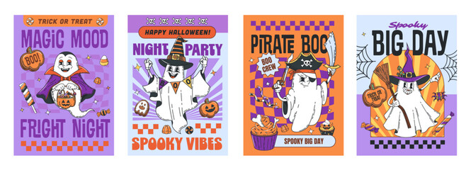 Groovy Halloween funny characters posters of vector horror ghost monsters. Halloween holiday party retro posters set of cartoon groovy ghost characters with trick or treat sweets in pumpkin basket