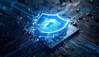 digital shield icon on microchip symbolizing cybersecurity