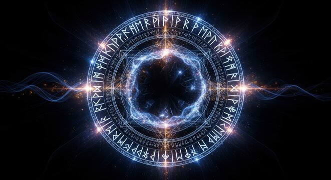 A glowing circular symbol featuring ancient-looking runes and a central electric blue energy field set against a dark starry background with flowing light waves - Powered by Adobe