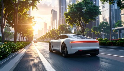 Electric Car Driving Through Modern City at Sunset