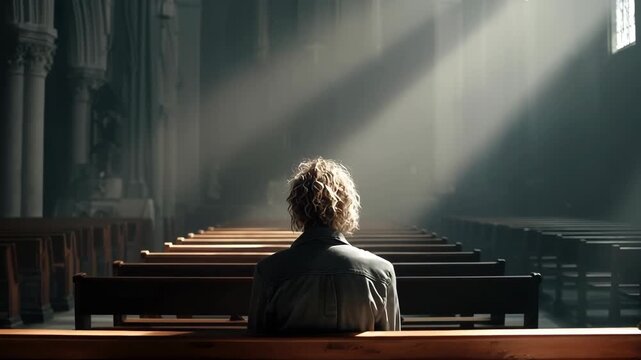 A person sits alone in a church, bathed in sunlight streaming through windows, creating a peaceful atmosphere of contemplation and introspection. The setting emphasizes serenity.