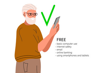 How to use Phone. Computer courses for older people in community centers, offering free support and basic computer use, internet safety, email, online banking. Vector illustration.