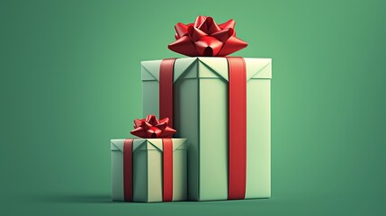 Obraz premium 3D Christmas Gift Boxes with Red Bows on Green Background (Holiday E-commerce & Gifting Material)