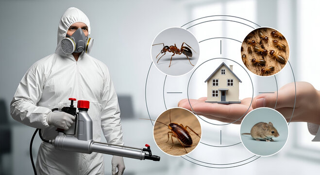 A pest control professional in protective gear, spraying, with house and pests.