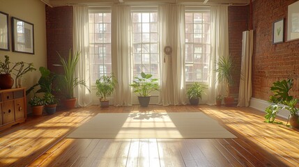 Fototapeta premium Bright sun-drenched studio with expansive windows, plants, and a peaceful atmosphere
