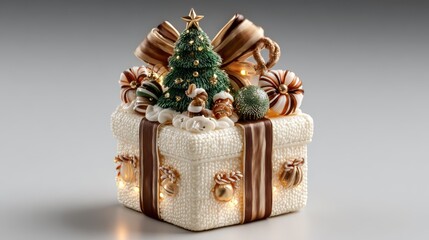 Whimsical decorative Christmas gift box, festive white, green, and gold, for holiday celebrations and sweet treats