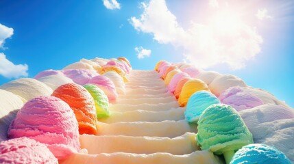 Surreal endless staircase, colorful ice cream scoops, vibrant pastel tones, leading distance bright blue sky, copy space, dessert sweet poster, whimsical food art, dreamy landscape.
