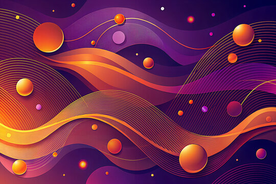 Abstract flowing waves of orange and purple with glowing orbs and intricate geometric patterns - Powered by Adobe
