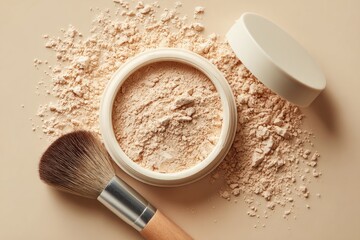 Face powder in container, scattered powder, makeup brush