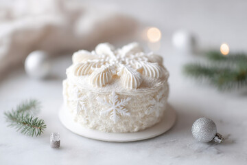 beautifully decorated christmas cake in shape of snowflake on clean white background