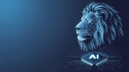 Futuristic ai digital lion head with circuit board patterns symbolizing technology and power
