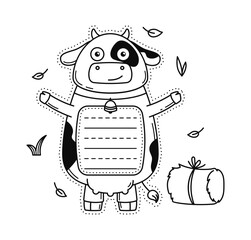 Cow cute animal kids memo note frame. Children scrapbook vector checklist, farm animal To Do list template. Kids schedule frame or child diary page memo note sticker with cow funny cheerful character