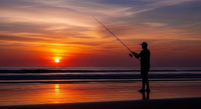 Sunset Beach Fishing Silhouette.
