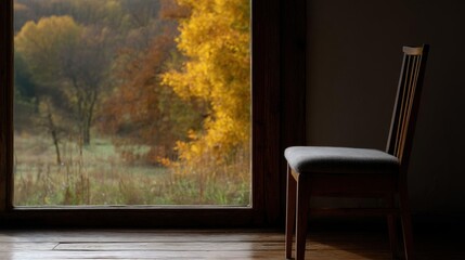 Fototapeta premium Wooden chair with a gray cushion on the right side of the frame. the chair is placed in front of a large window with a view of a forested area outside.