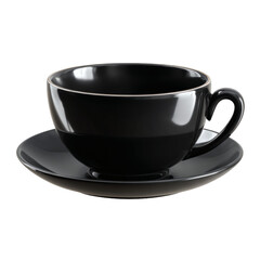 A sleek glossy black ceramic teacup and saucer set sits isolated against a stark black background
