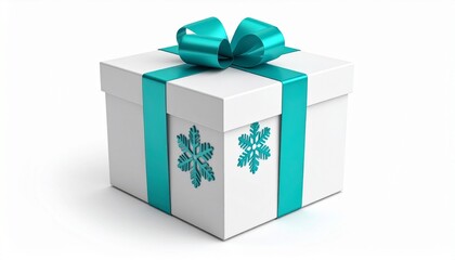 teal gift box with satin ribbon and snowflake ornament on light surface