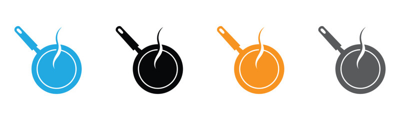 Frying pan cooking icon set in various colors,Cooking Frying Pan Icon Ideal for Culinary and Kitchen Use,Cooking poster with cooking pan, fire flame and grunge texture. 