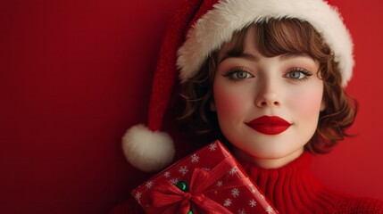A woman in a festive red Santa hat and sweater holds a gift, radiating Christmas cheer against a vibrant red backdrop.
