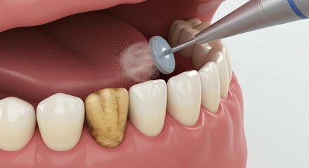 Dental hygiene tool cleaning a stained tooth. The other teeth are white and clean. The gums are healthy and pink.