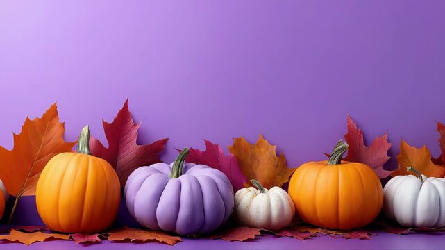 Vibrant pumpkins and autumn leaves against a purple background for seasonal decor
