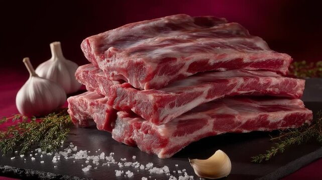 Fresh raw pork ribs with garlic and thyme on a dark stone board