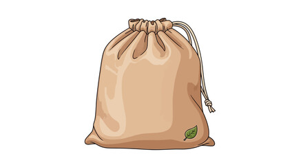 Illustration of a beige drawstring bag with a small green leaf graphic on the lower right corner, isolated on a white background.