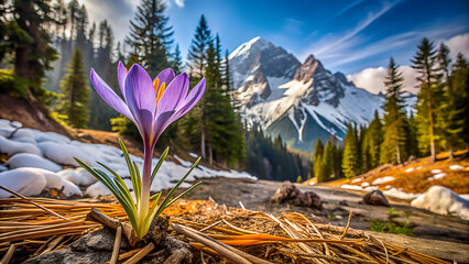 Vibrant purple crocus flower blooms in a sunlit alpine meadow with snow capped mountains and pine trees