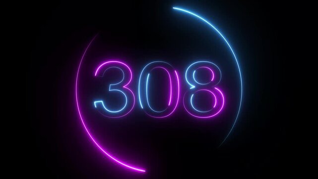 A dynamic circular animation, and glowing neon number 308 animation . on a black background. and creating a stunning video.4k video