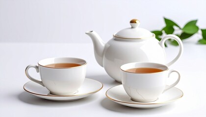 elegant tea set with gold trim on white surface and background