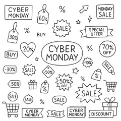 Cyber Monday vector illustration with various sale tags and discounts. Includes percentages, special offers, and shopping icons, perfect for marketing materials and online promotions.