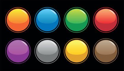 Set of eight colorful glossy circular buttons on black background