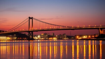 Obraz premium Silhouetted suspension bridge at dusk with city lights