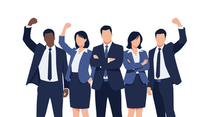 Diverse professional team celebrating success with uplifted fists and confident poses