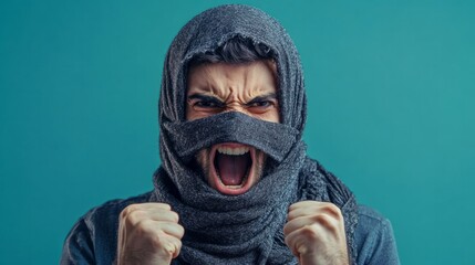 A man wearing a dark gray head covering, with clenched fists, powerfully screams against a teal background.