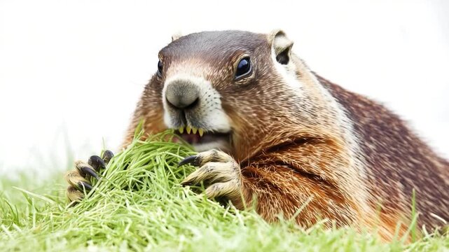 A groundhog munching on grass in an open field, great for illustrations of nature or wildlife