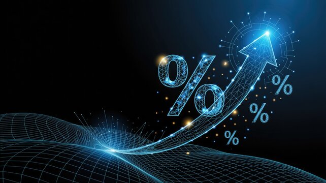 Futuristic digital art of percentage symbols rising with a glowing blue arrow on