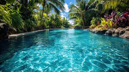 Serene tropical pool surrounded by lush foliage