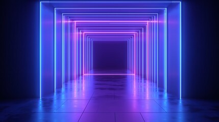 Fototapeta premium Futuristic 3D render neon corridor with glowing blue and purple lines, abstract empty room design, digital cyber tunnel background for nightclub, dance floor, or stage backdrop