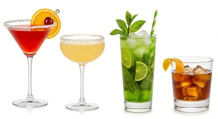 Collection of four colorful cocktails arranged in a neat row, each with distinct ingredients and garnishes against a clean white backdrop.