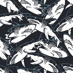 Surfer riding waves near sharks in ocean waters