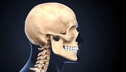 side-view human skull with visible sutures and teeth on neutral background